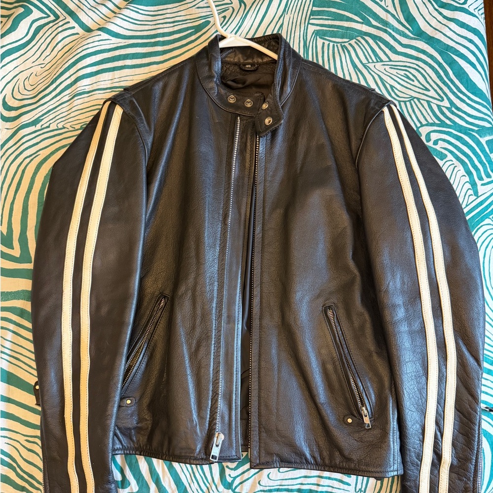 Men’s size 40 - Black Leather Jacket with White Stripes